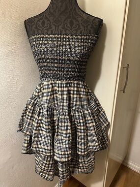 GANNI - Strapless Cotton Blend Gingham Dress